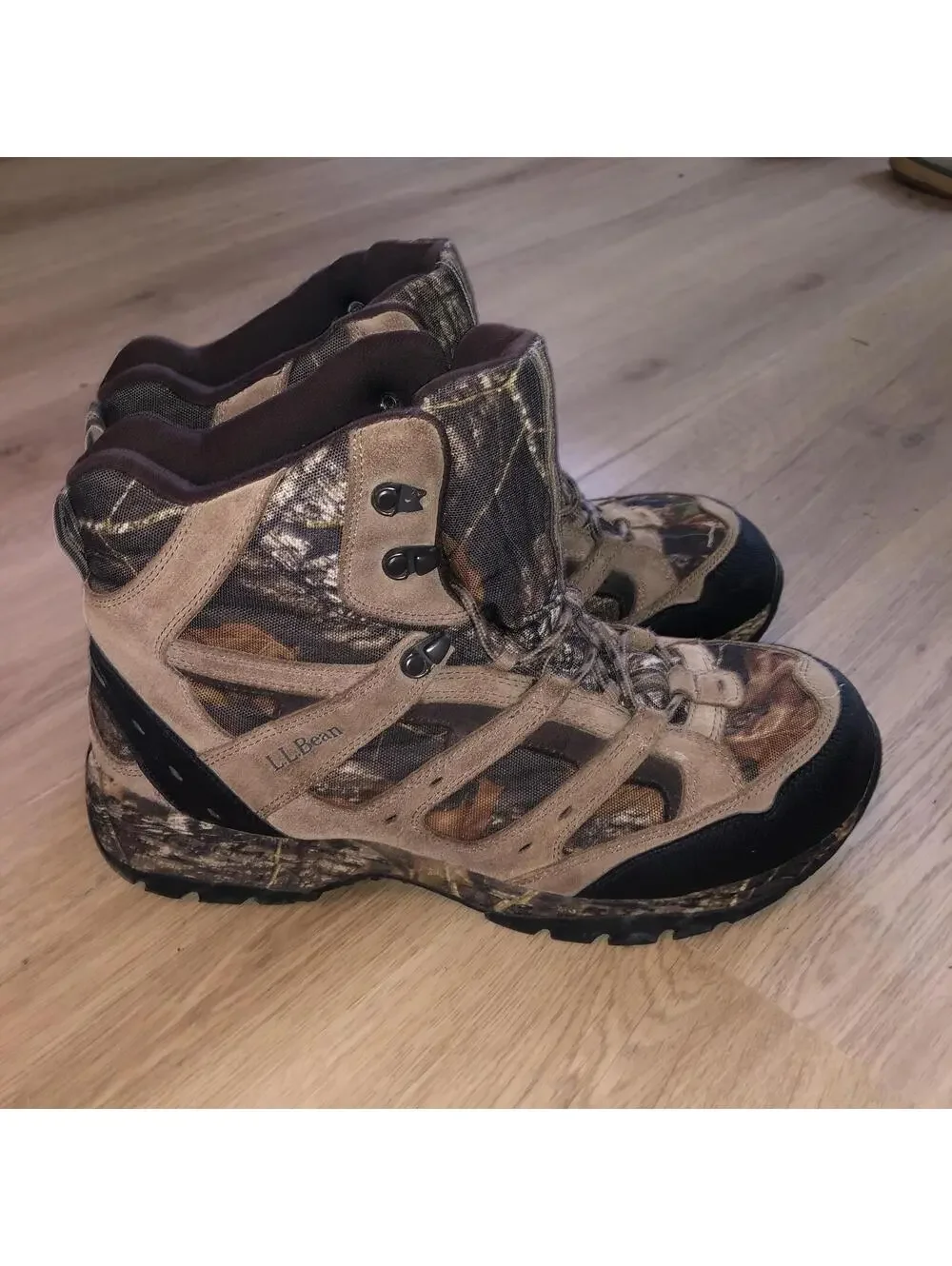 LL BEAN HUNTING HIKING TRAIL BOOTS CAMO BROWN GREEN MENS SIZE 13 WIDE